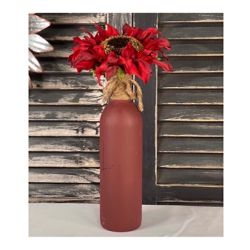 Hand Painted Wine Bottle, Vase, Reddish Brown with Jute